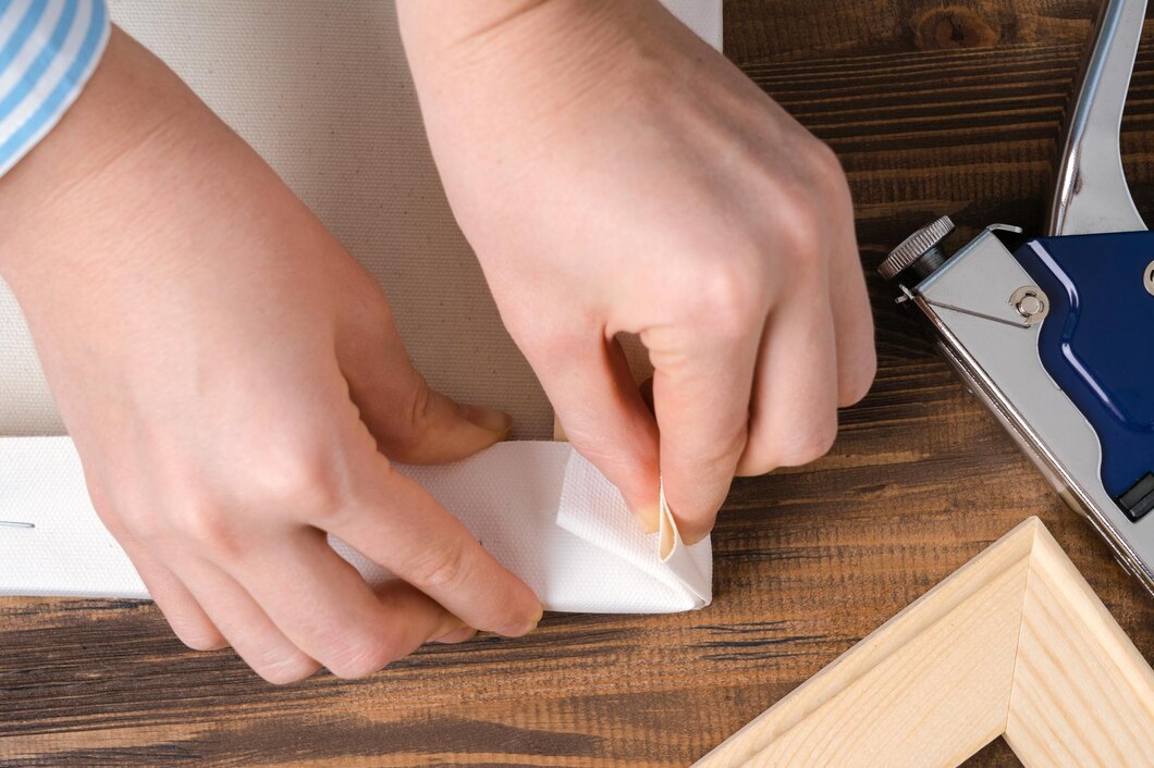 Meticulous folding of a canvas corner