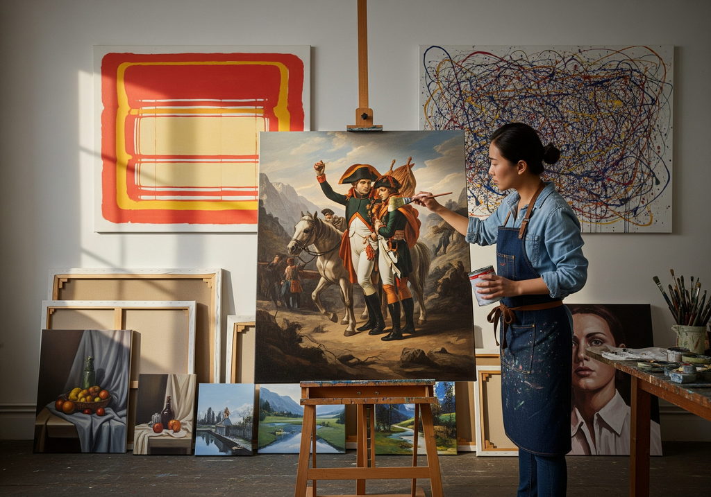 Varnishing a canvas by a professional artist