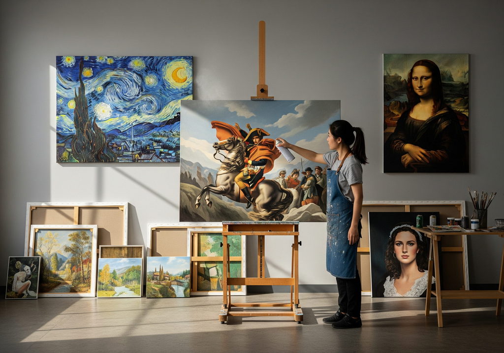 Artist applying varnish with a spray