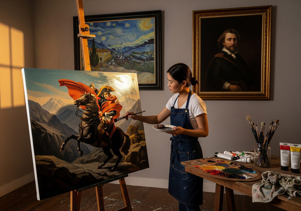 An artist applies a varnish on a canvas with bottles of varnish at their feet