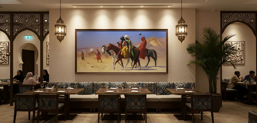 Reproduction of the artwork Arabs Crossing The Desert by J.L. Gérôme for an orientalist restaurant