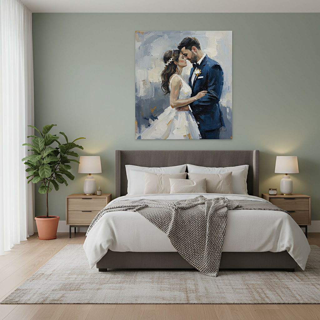 wedding portrait above a love bed