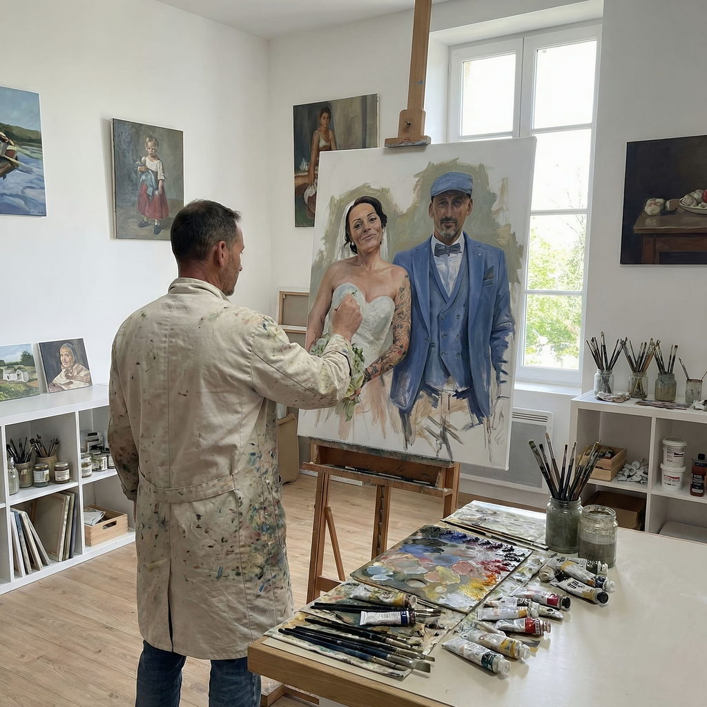 painter creating an oil portrait of a couple